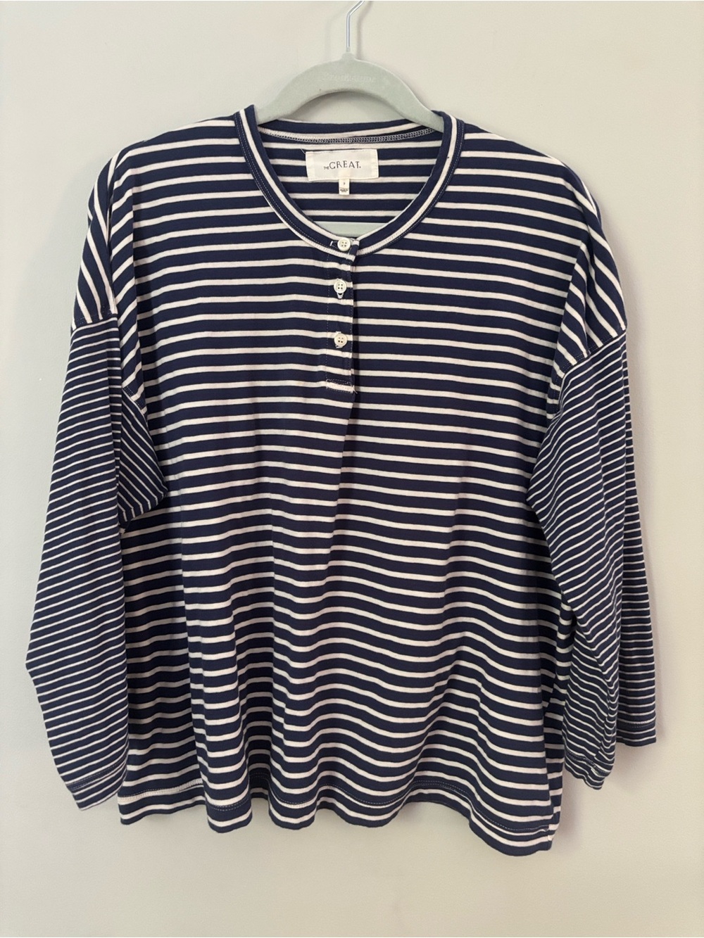 THE GREAT. Henley Shrunken College Stripe Shirt Navy White Size 3/L